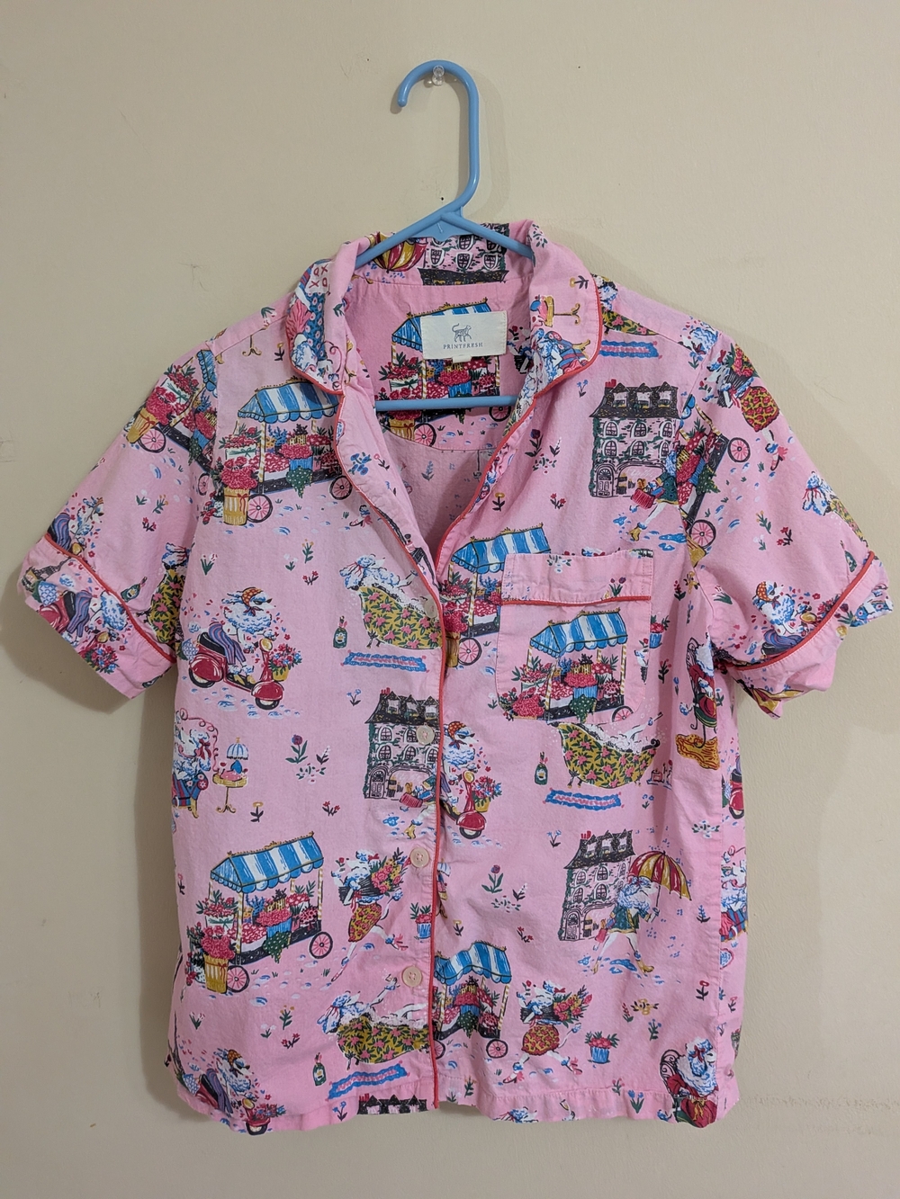 Printfresh Pink Dog Market-Print Short-Sleeve Button Shirt